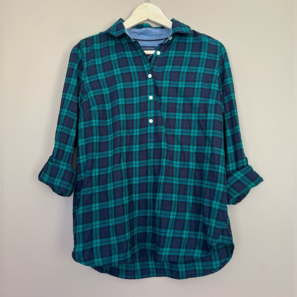 {Tommy Hilfiger} Popover Flannel Plaid Shirt in Green & Blue - Women’s Small